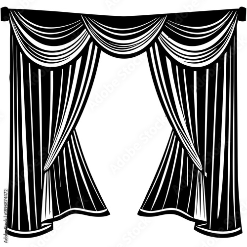 Black Stage Curtain Silhouette Vector – Theater Opening Performance Drapes Icon