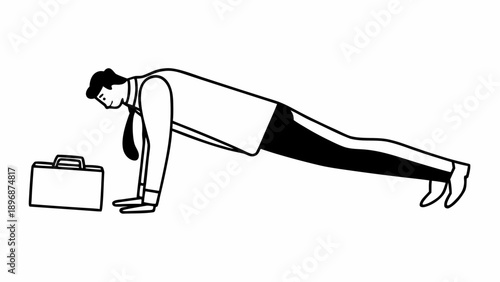 Man doing push-ups with briefcase nearby in a professional setting illustration