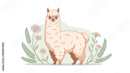 A cute cartoon alpaca standing in a field of flowers and leaves