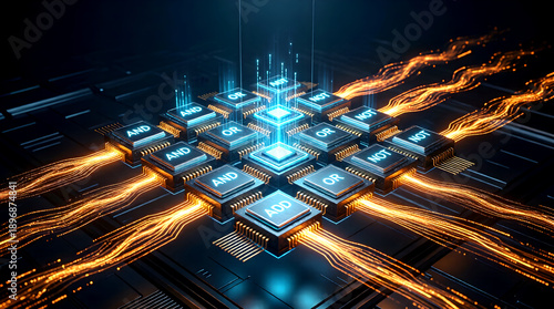 Advanced AI logic gate array processing data streams. A 3D holographic concept for business automation, digital transformation, and core computational technology.