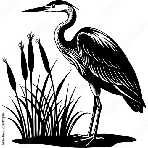 Great Blue Heron Silhouette Vector – Elegant Water Bird with Bulrush Reeds Icon