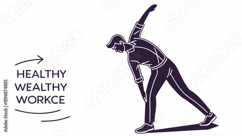 Illustration of a person stretching in a workplace setting, promoting a healthy lifestyle