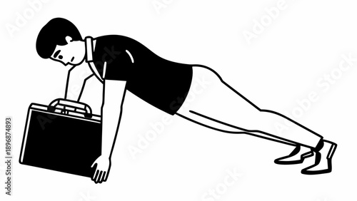 Woman doing push-up with briefcase in illustration from side view