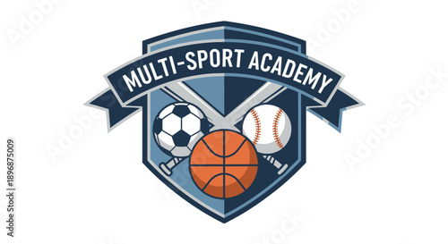 Multi-Sport Academy Emblem with Basketball Soccer and Baseball.