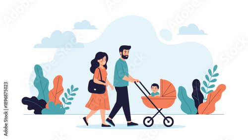 Happy young parents take a leisurely walk through a lush green park while pushing their smiling baby in an orange stroller on a sunny day.