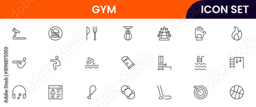 Gym icons depicting fitness, exercise, workout equipment, dumbbells, treadmills, yoga, strength training, health, wellness, cardio, personal training, motivation, stretching