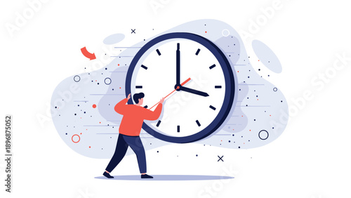 Determined man uses his strength to push the minute hand of a massive clock, symbolizing time management and the fight against deadlines.