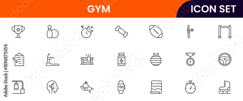 Gym icons depicting fitness, exercise, workout equipment, dumbbells, treadmills, yoga, strength training, health, wellness, cardio, personal training, motivation, stretching