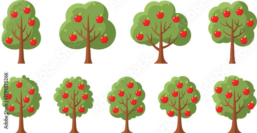 Apple Tree Illustration Set With Green Foliage And Ripe Red Fruits In Different Shapes Flat Vector