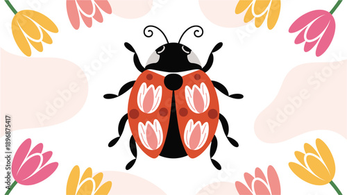 A colorful vector illustration of a ladybug surrounded by vibrant flowers
