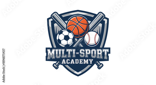 Multi-Sport Academy Logo with Basketball Soccer Ball Baseball and Bats.