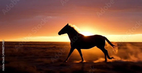 Cinematic Silhouette of a Wild Horse Galloping Across the Plains at Sunset