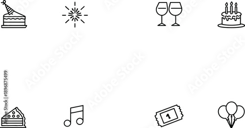 Party celebration vector icons set with cake balloons wine glasses sparkler ticket hat music note and festive elements