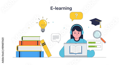 Young woman studying online with laptop and headphones in modern e-learning setup