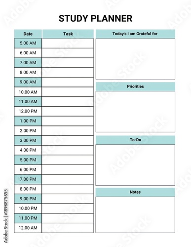 Daily Study Planner With Time Slots And Sections schedule