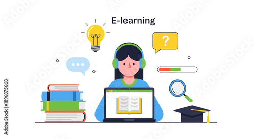 Young woman studying online with laptop and headphones in modern e-learning setup