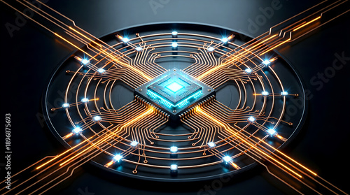 AI-powered swarm intelligence network on a futuristic circular circuit board, symbolizing enterprise data processing, automation, and centralized business intelligence technology.