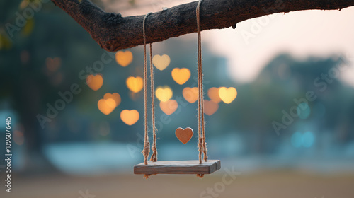 Tiny heart swing against golden blue bokeh Valentine lights