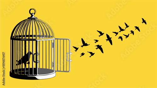 Freedom Concept Black Silhouette Bird Escaping Open Cage Flying Towards Bright Future