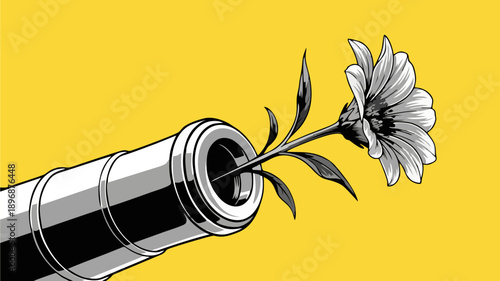 Peaceful Protest Concept Delicate Flower Emerging from a Powerful Cannon Barrel