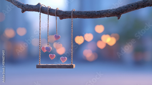 Empty miniature swing with golden bokeh lights tender Valentine