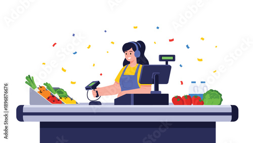 Happy supermarket cashier wearing headphones scans groceries at the checkout counter while colorful confetti falls around her in celebration.