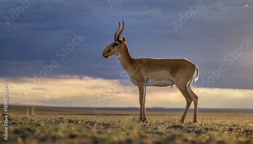 Wild Saiga Antelope Amidst Golden Hour Steppe Landscape