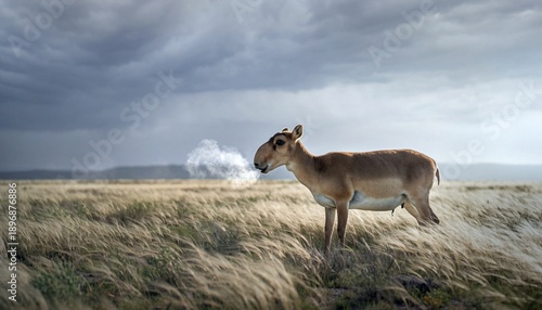 Unique Saiga Antelope in Cold Steppe Exhaling Breath Under Cloudy Sky
