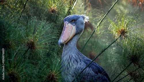 Majestic Shoebill Bird Portrait Among Green Papyrus