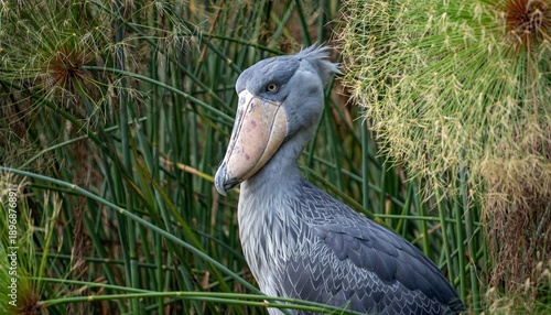 Majestic Shoebill Bird Among Lush Papyrus Reeds