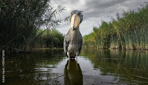 Majestic Shoebill Bird Standing in Wetland Reeds Reflecting in Water