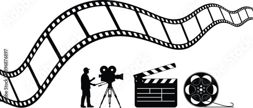 Cinema production set with film strip, cameraman silhouette, clapperboard and reel, vector icons for movie industry and entertainment.