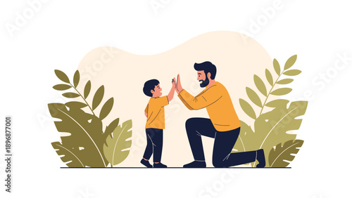 Loving father kneels down to give his young son a high five in a serene park setting, celebrating a small victory or special shared moment.