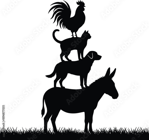 Animal silhouette vector, donkey dog cat rooster artwork, stacked animals illustration, fairy tale design, Bremen musicians graphic, wildlife icon, creative artwork