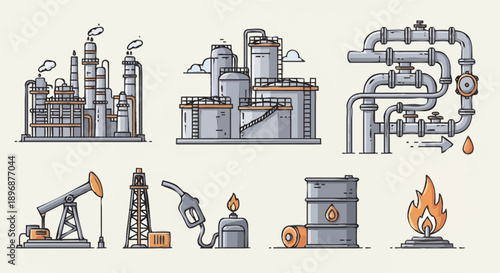 Industrial oil and gas industry icons and illustrations.