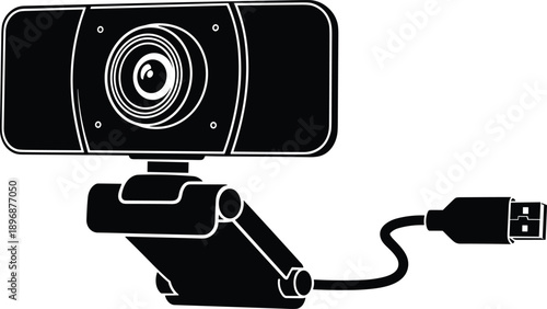 Webcam silhouette icon with USB cable, vector illustration representing video conference, live streaming, computer technology, online communication, and digital hardware.