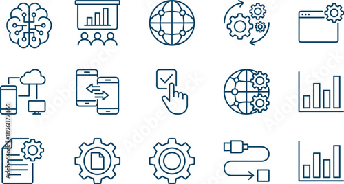 Artificial Intelligence, Data Technology, and Business Icons Set, Global Network, Development, Presentation, Analytics, Outline Vector