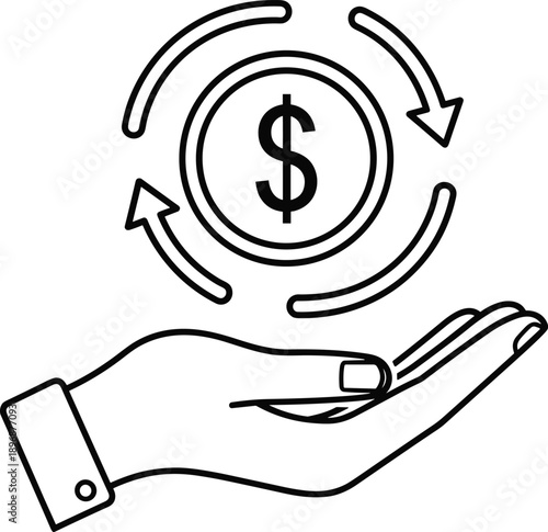 Hand holding dollar coin with circular arrows icon, representing cashback, money flow, currency exchange, refund, investment return, business economy, and finance.
