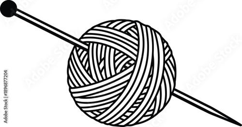 Ball of Yarn and Knitting Needle Black and White Vector Illustration Wool Thread Craft Hobby Handmade Knit Crochet Sewing Icon