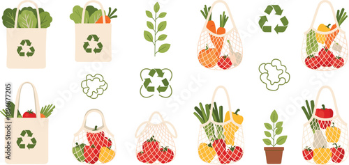 Eco Friendly Reusable Grocery Bags Vector Set with Vegetables Recycling and Sustainable Lifestyle