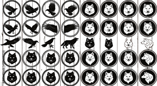Set of circular wolf and raven vector icons, black animal silhouettes for viking, tribal, tattoo, mascot, and logo design projects.