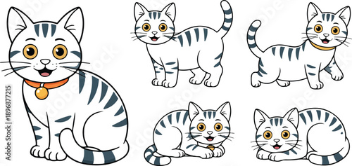 Cute Gray Tabby Cat Cartoon Character Set Different Poses and Actions