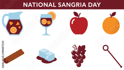 Graphic for National Sangria Day featuring pitcher glass fruit ice cinnamon and stirrer