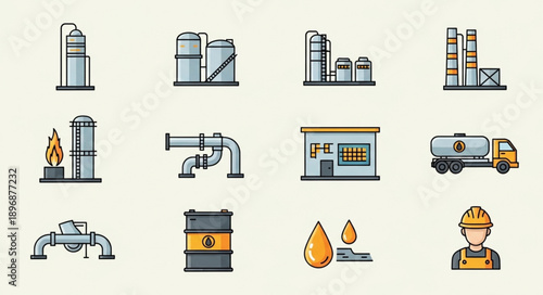 Industrial Oil and Gas Industry Icons Set.