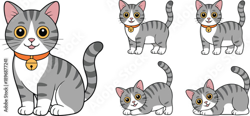 Cute Gray Tabby Cat Cartoon Character Set Different Poses and Actions