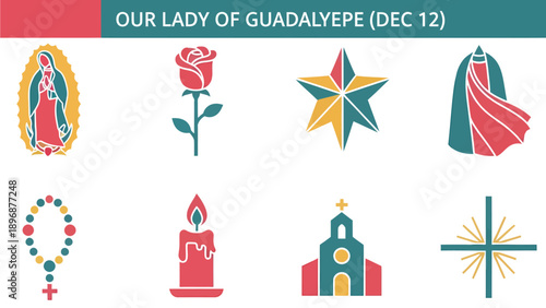 Graphic icons celebrating Our Lady of Guadalupe December 12
