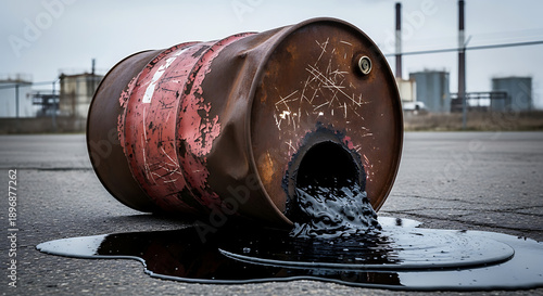 Rusty red industrial barrel leaking black crude oil onto asphalt, environmental hazard