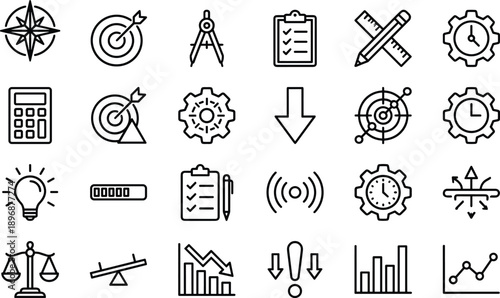 Business Analysis and Strategy Line Icons Set: Planning, Measurement, Efficiency, Finance, Problem Solving, and Time Management Symbols
