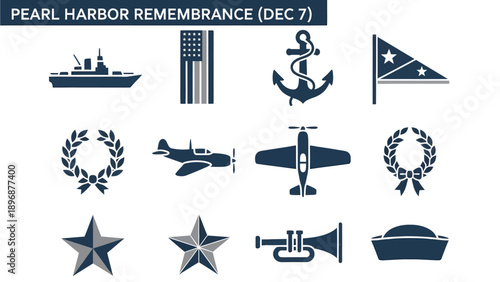 Pearl Harbor Remembrance Dec 7 graphic with military icons ship flag anchor plane wreath stars bugle sailor hat