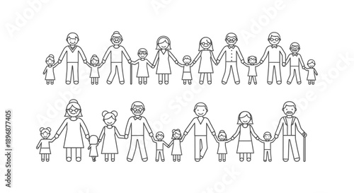 diverse families illustrated as simple stick figure icons holding hands in rows symbolizing unity support and generational bonds within society.